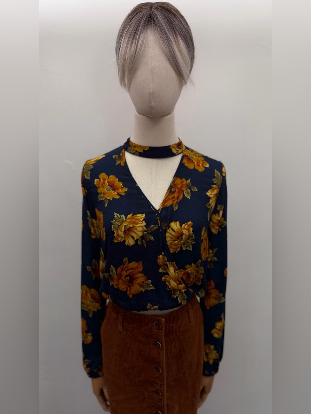 Forever 21 Floral Choker Neck Blouse Navy Mustard Long Sleeve Top S